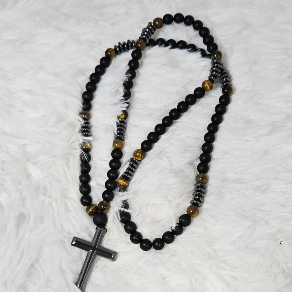 Black Tiger Eye Rosary Necklace Hematite Cross 29